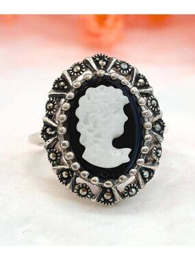 Black & White Cameo Marcasite Sterling Silver 925 Victorian Vintage Ring - sz 8